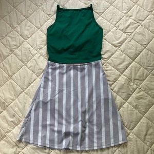Green and White-Grey Striped Swimsuit Two Piece